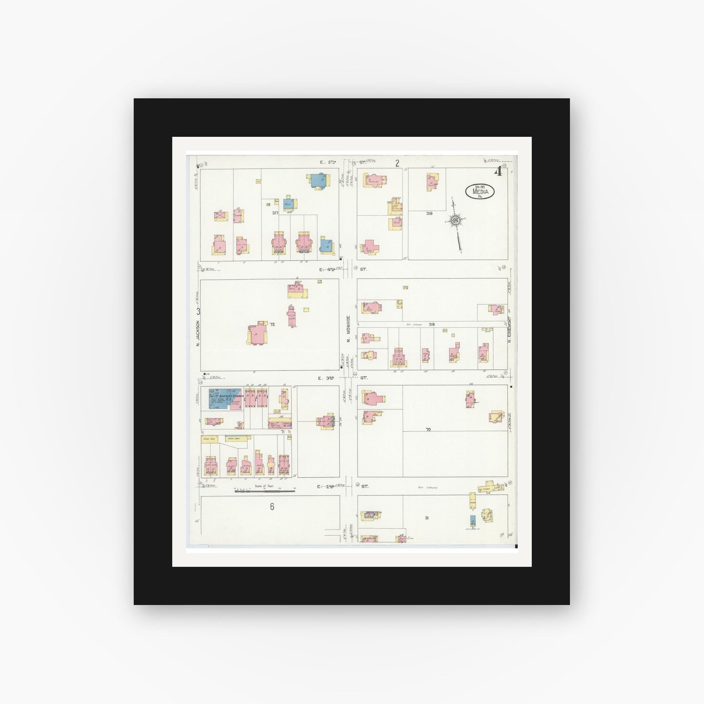Old map wall art mockup — black gallery frame with white mat — Sanborn Fire Insurance Map from Media, Delaware County, Pennsylvania (1912), Sheet #0004