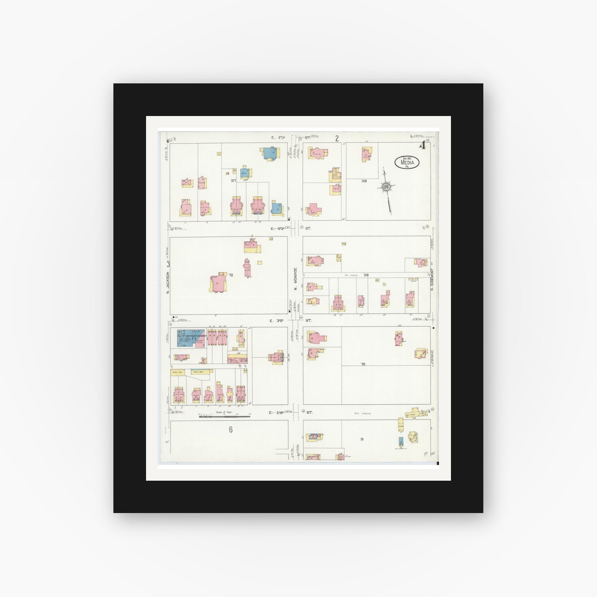 Old map wall art mockup — black gallery frame with white mat — Sanborn Fire Insurance Map from Media, Delaware County, Pennsylvania (1912), Sheet #0004