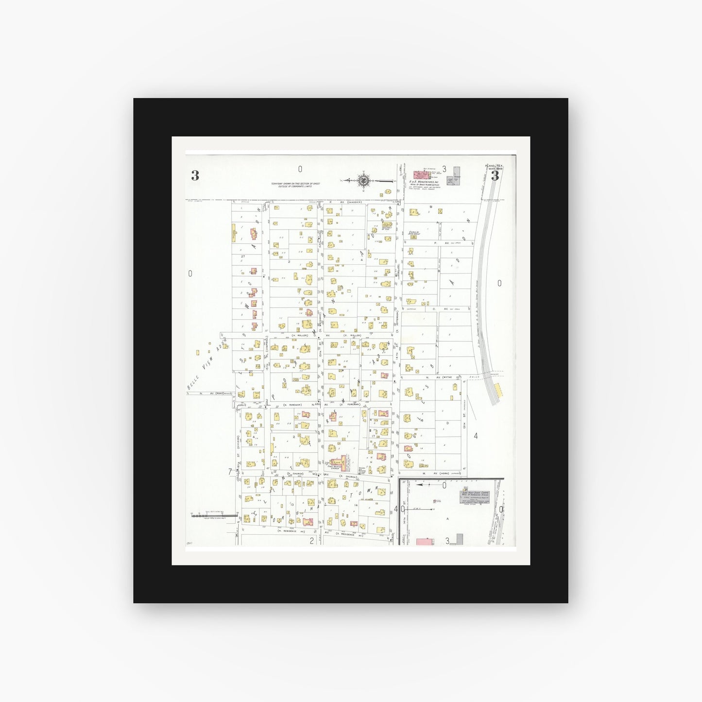 Old map wall art mockup — black gallery frame with white mat — Sanborn Fire Insurance Map from Plano, Collin County, Texas (1949), Sheet #0003
