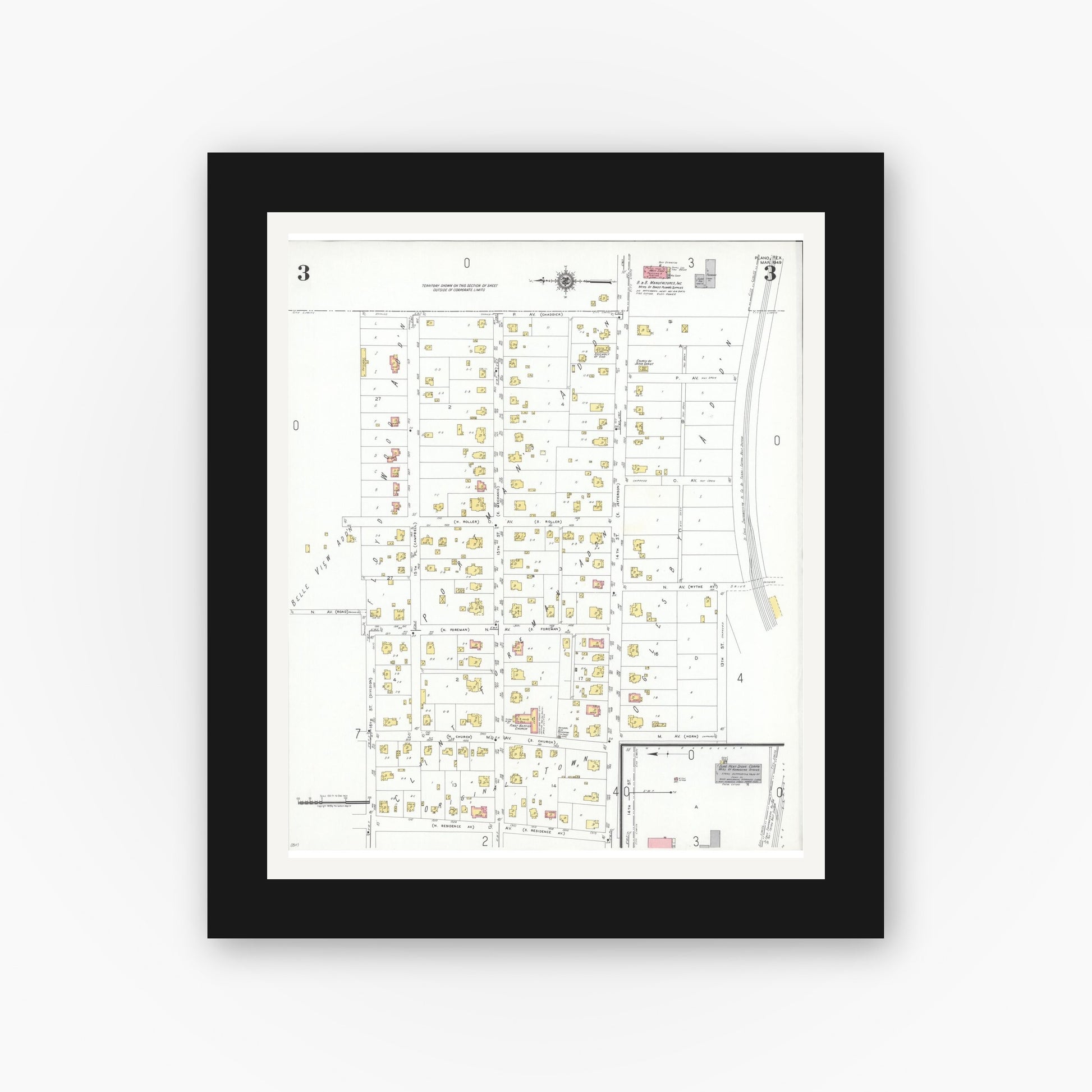 Old map wall art mockup — black gallery frame with white mat — Sanborn Fire Insurance Map from Plano, Collin County, Texas (1949), Sheet #0003