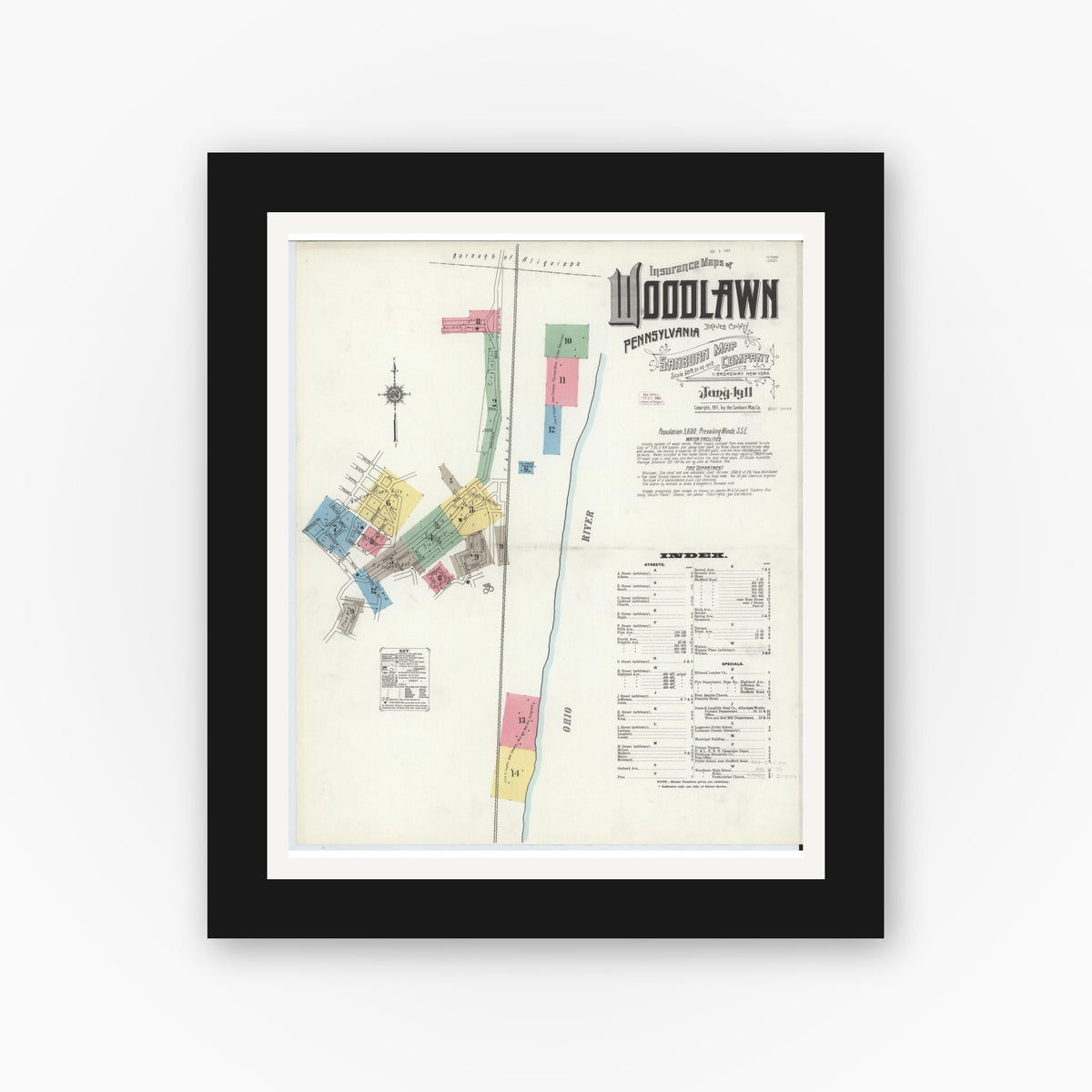 Old map wall art mockup — black gallery frame with white mat — Sanborn Fire Insurance Map from Woodlawn, Beaver County, Pennsylvania (1911) - Complete Map Set
