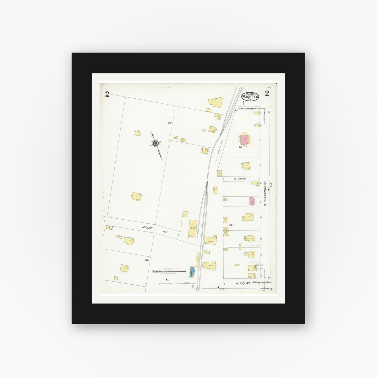 Old map wall art mockup — black gallery frame with white mat — Sanborn Fire Insurance Map from Woodstock, Shenandoah County, Virginia (1924), Sheet #0002