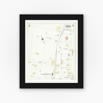 Old map wall art mockup — black gallery frame with white mat — Sanborn Fire Insurance Map from Woodstock, Shenandoah County, Virginia (1924), Sheet #0002