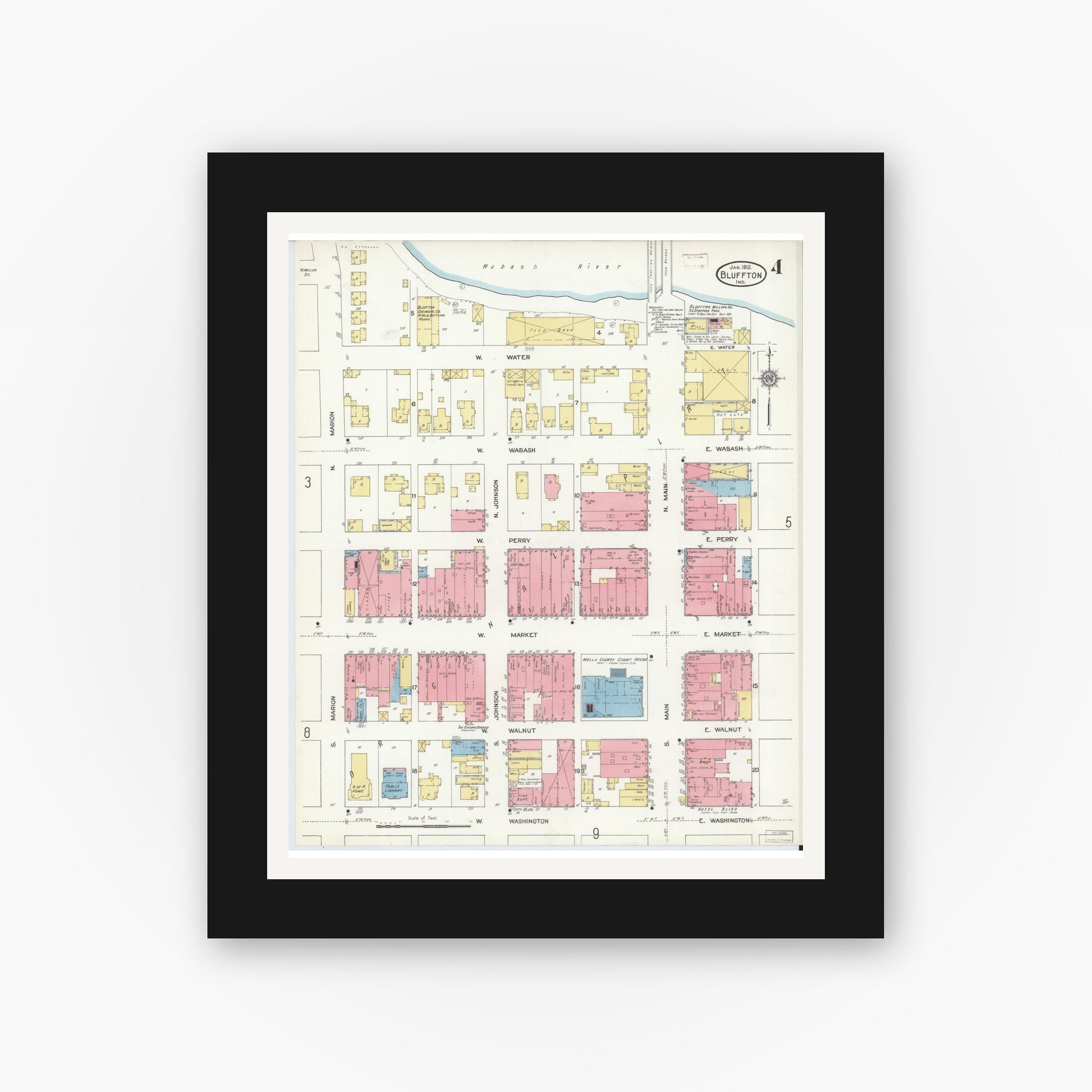 Old map wall art mockup — black gallery frame with white mat — Sanborn Fire Insurance Map from Bluffton, Wells County, Indiana (1912), Sheet #0004
