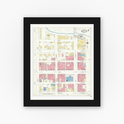 Old map wall art mockup — black gallery frame with white mat — Sanborn Fire Insurance Map from Bluffton, Wells County, Indiana (1912), Sheet #0004