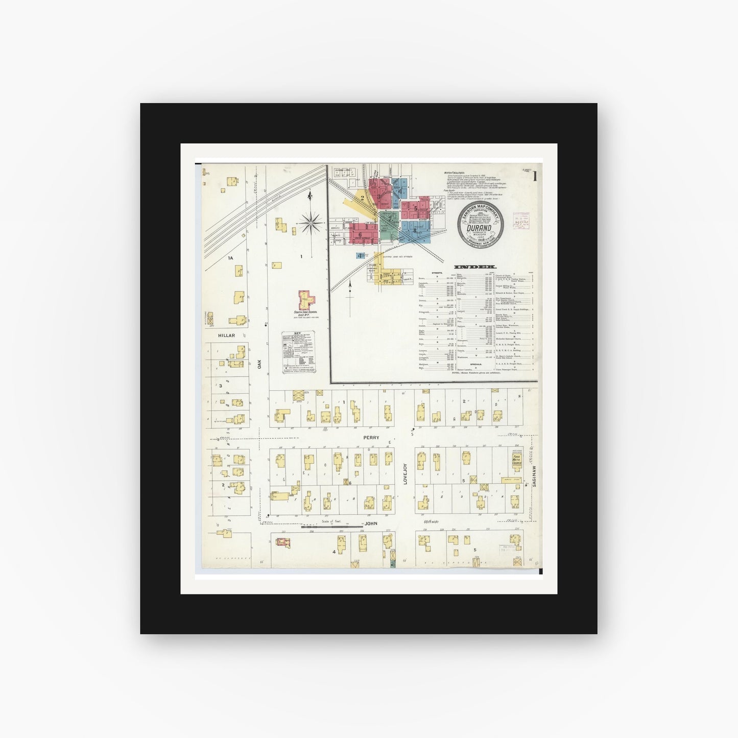 Old map wall art mockup — black gallery frame with white mat — Sanborn Fire Insurance Map from Durand, Shiawassee County, Michigan (1908) - Complete Map Set
