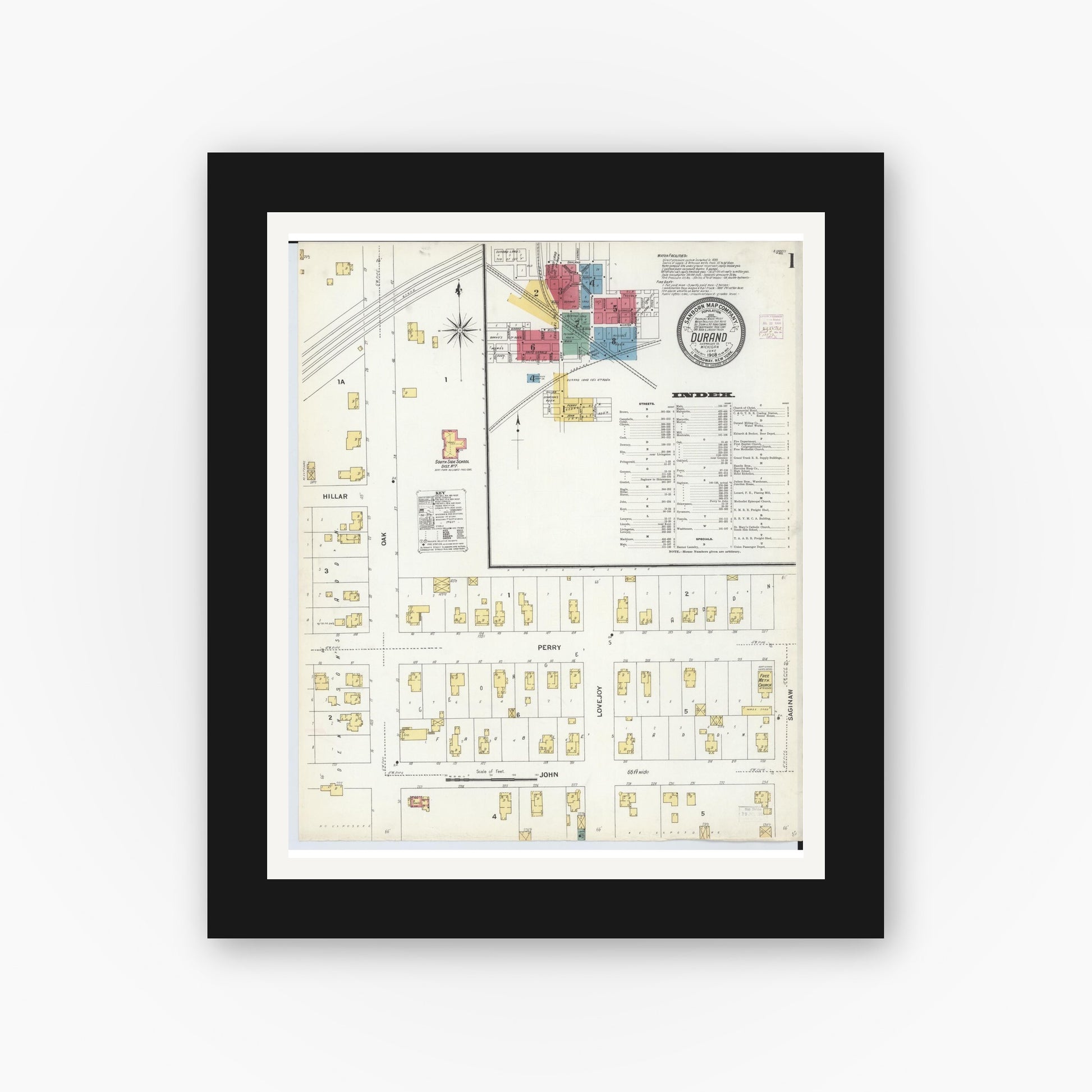 Old map wall art mockup — black gallery frame with white mat — Sanborn Fire Insurance Map from Durand, Shiawassee County, Michigan (1908) - Complete Map Set