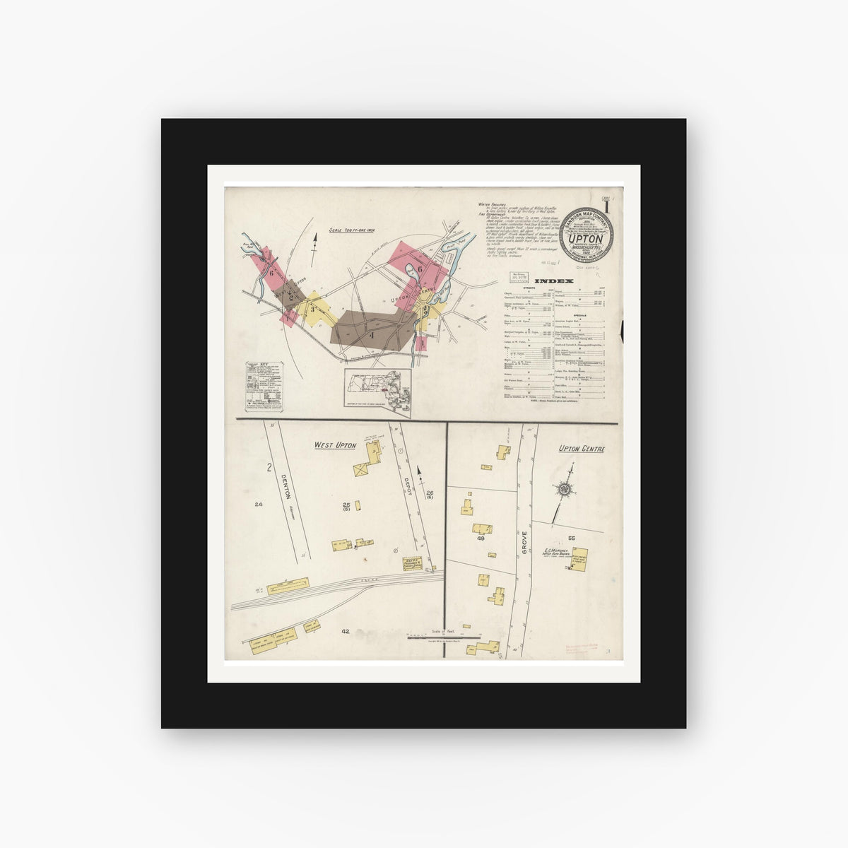 Old map wall art mockup — black gallery frame with white mat — Sanborn Fire Insurance Map from Upton, Worcester County, Massachusetts (1922) - Complete Map Set