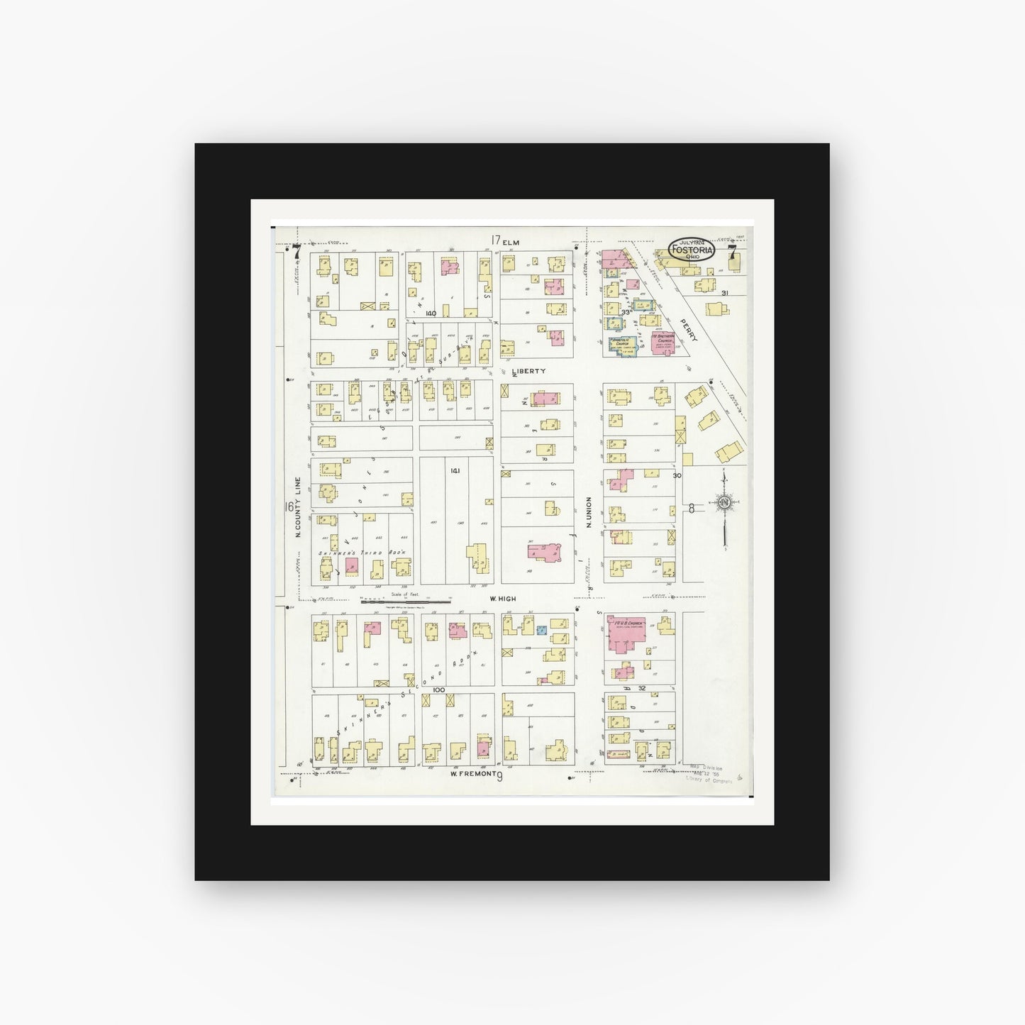 Old map wall art mockup — black gallery frame with white mat — Sanborn Fire Insurance Map from Fostoria, Seneca, Hancock, And Wood Counties, Ohio (1924), Sheet #0007