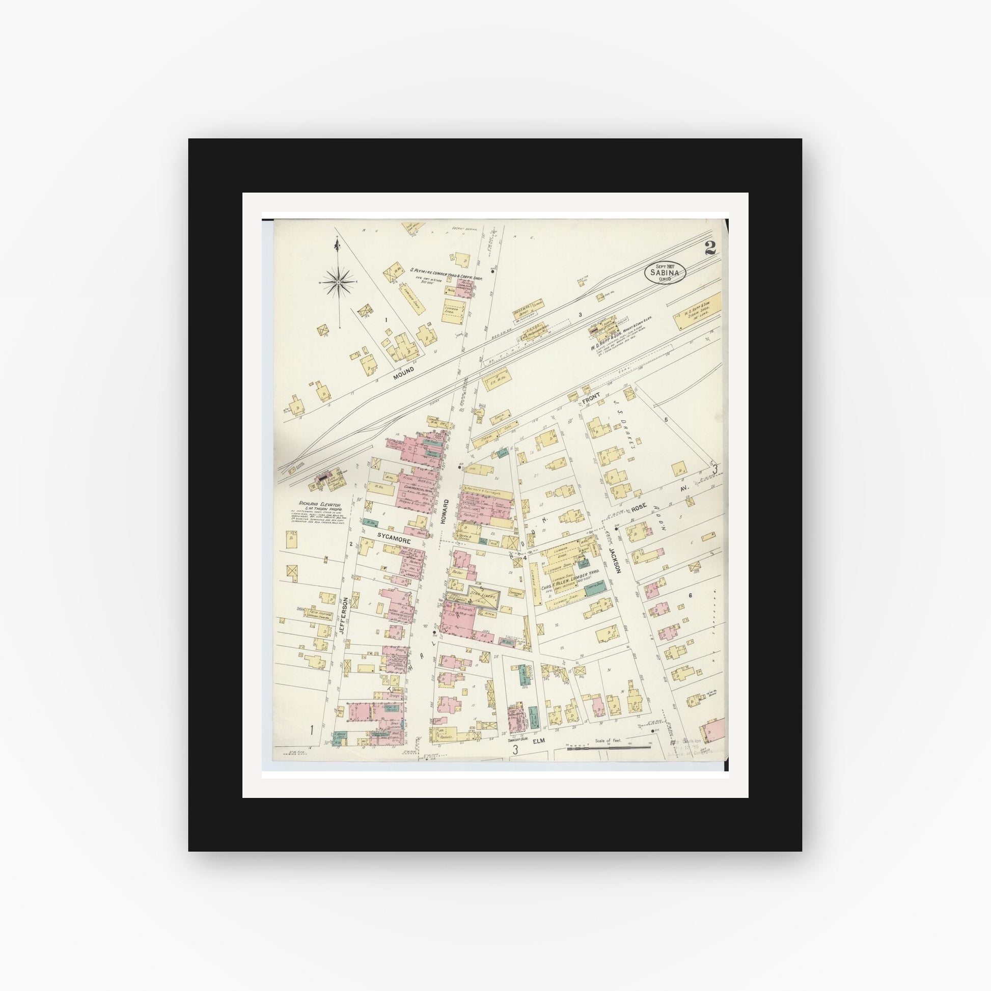 Old map wall art mockup — black gallery frame with white mat — Sanborn Fire Insurance Map from Sabina, Clinton County, Ohio (1907), Sheet #0002