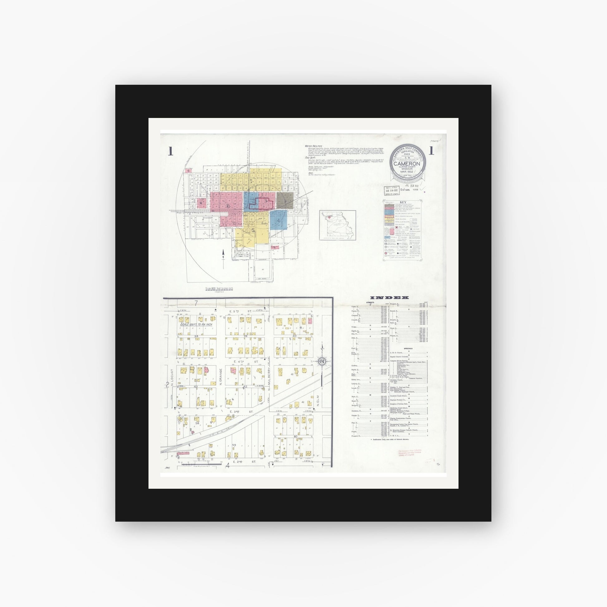 Old map wall art mockup — black gallery frame with white mat — Sanborn Fire Insurance Map from Cameron, Clinton County, Missouri (1932) - Complete Map Set