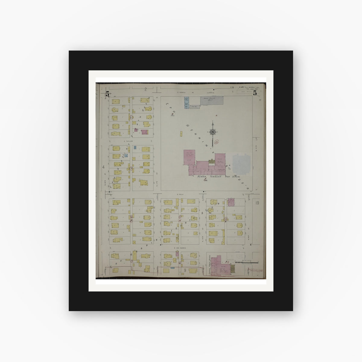 Old map wall art mockup — black gallery frame with white mat — Sanborn Fire Insurance Map from Herrin, Williamson County, Illinois (1947), Sheet #0005