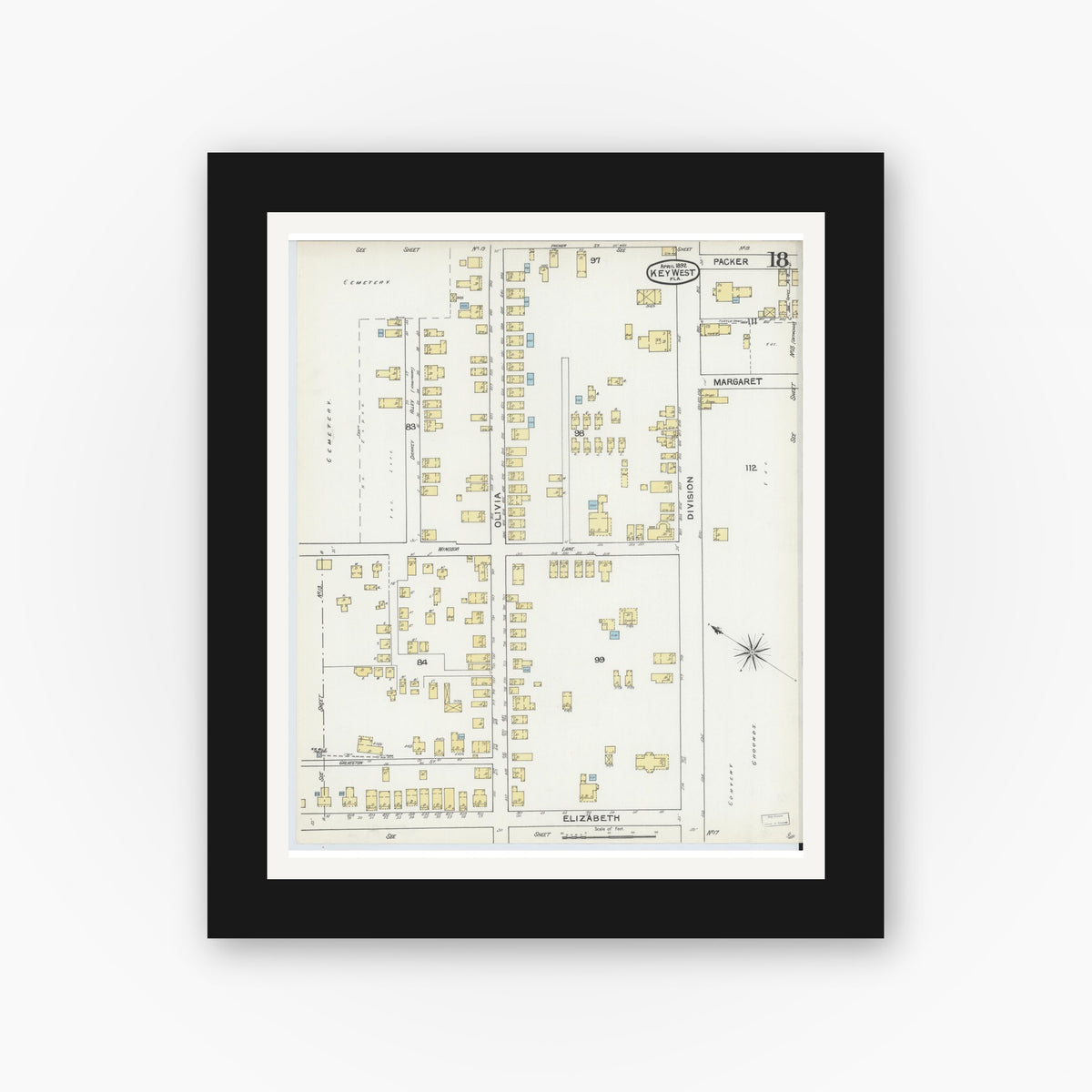 Old map wall art mockup — black gallery frame with white mat — Sanborn Fire Insurance Map from Key West, Monroe County, Florida (1892), Sheet #0018