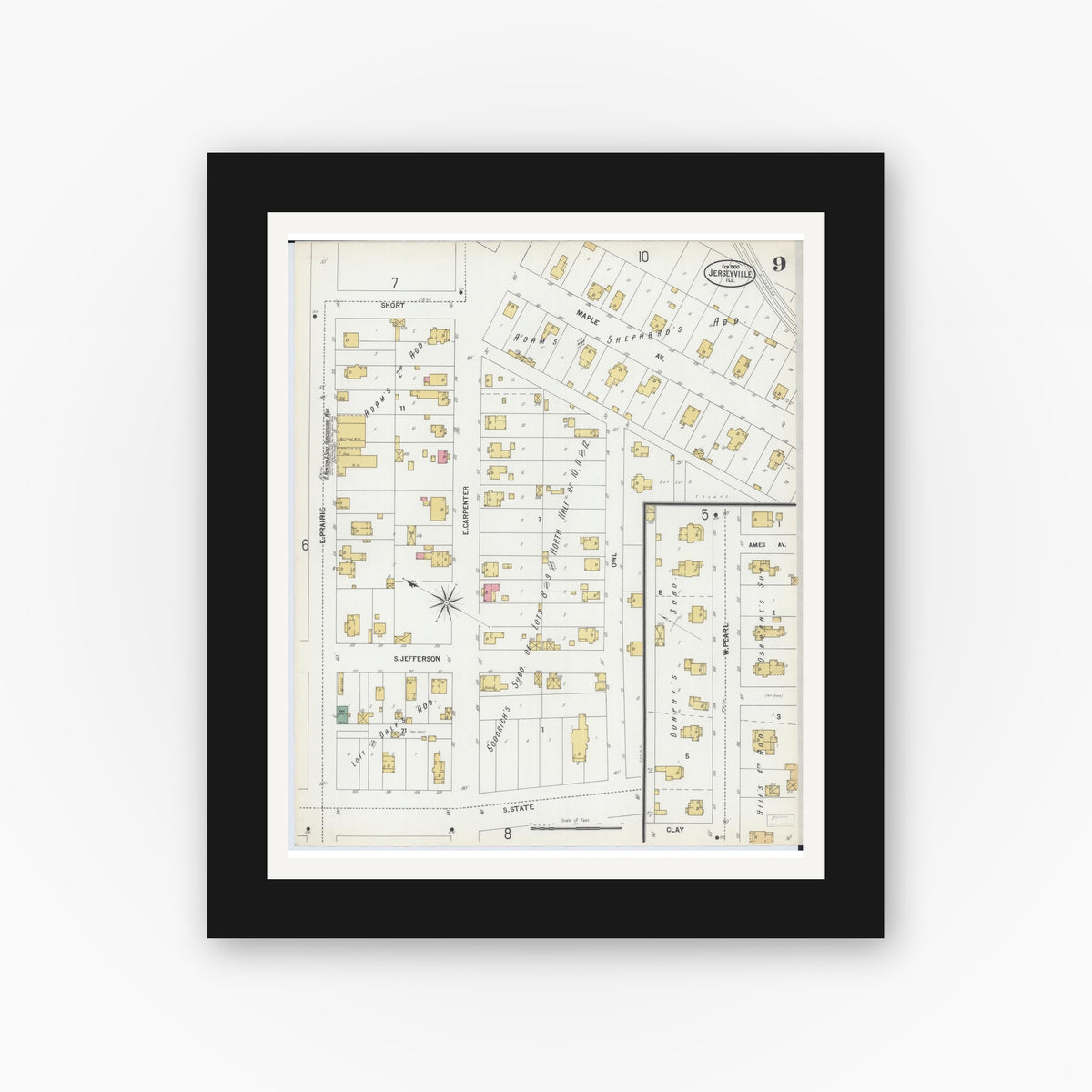 Old map wall art mockup — black gallery frame with white mat — Sanborn Fire Insurance Map from Jerseyville, Jersey County, Illinois (1900), Sheet #0009