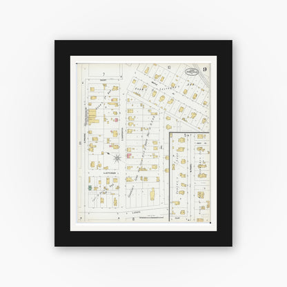 Old map wall art mockup — black gallery frame with white mat — Sanborn Fire Insurance Map from Jerseyville, Jersey County, Illinois (1900), Sheet #0009