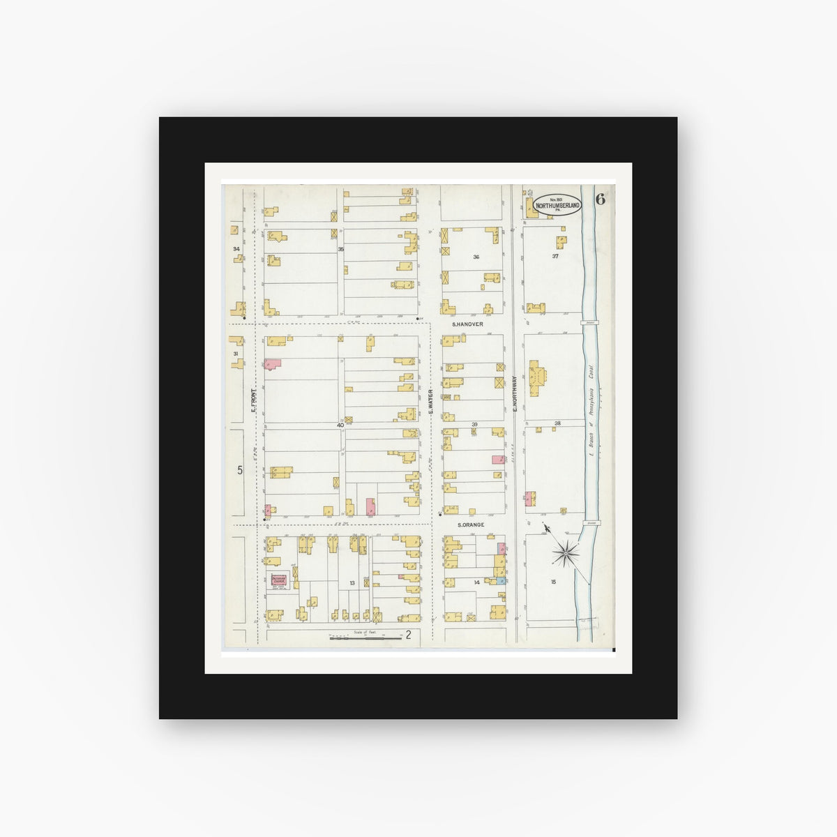 Old map wall art mockup — black gallery frame with white mat — Sanborn Fire Insurance Map from Northumberland, Northumberland County, Pennsylvania (1901), Sheet #0006