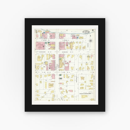 Old map wall art mockup — black gallery frame with white mat — Sanborn Fire Insurance Map from Fort Atkinson, Jefferson County, Wisconsin (1909), Sheet #0006