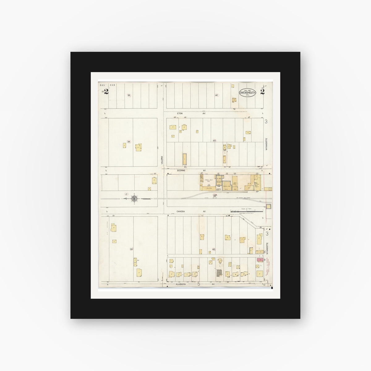 Old map wall art mockup — black gallery frame with white mat — Sanborn Fire Insurance Map from Canoga Park, Los Angeles County, California (1932), Sheet #0002