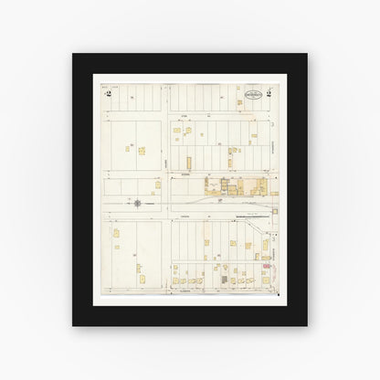 Old map wall art mockup — black gallery frame with white mat — Sanborn Fire Insurance Map from Canoga Park, Los Angeles County, California (1932), Sheet #0002