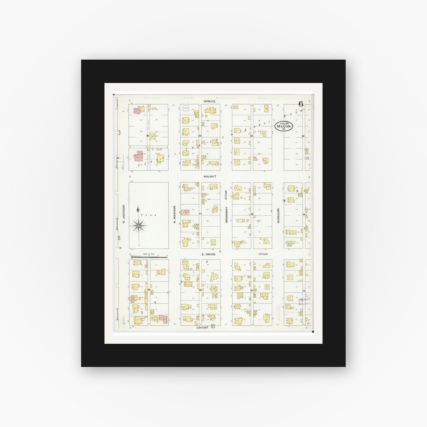 Old map wall art mockup — black gallery frame with white mat — Sanborn Fire Insurance Map from Macon, Macon County, Missouri (1909), Sheet #0006
