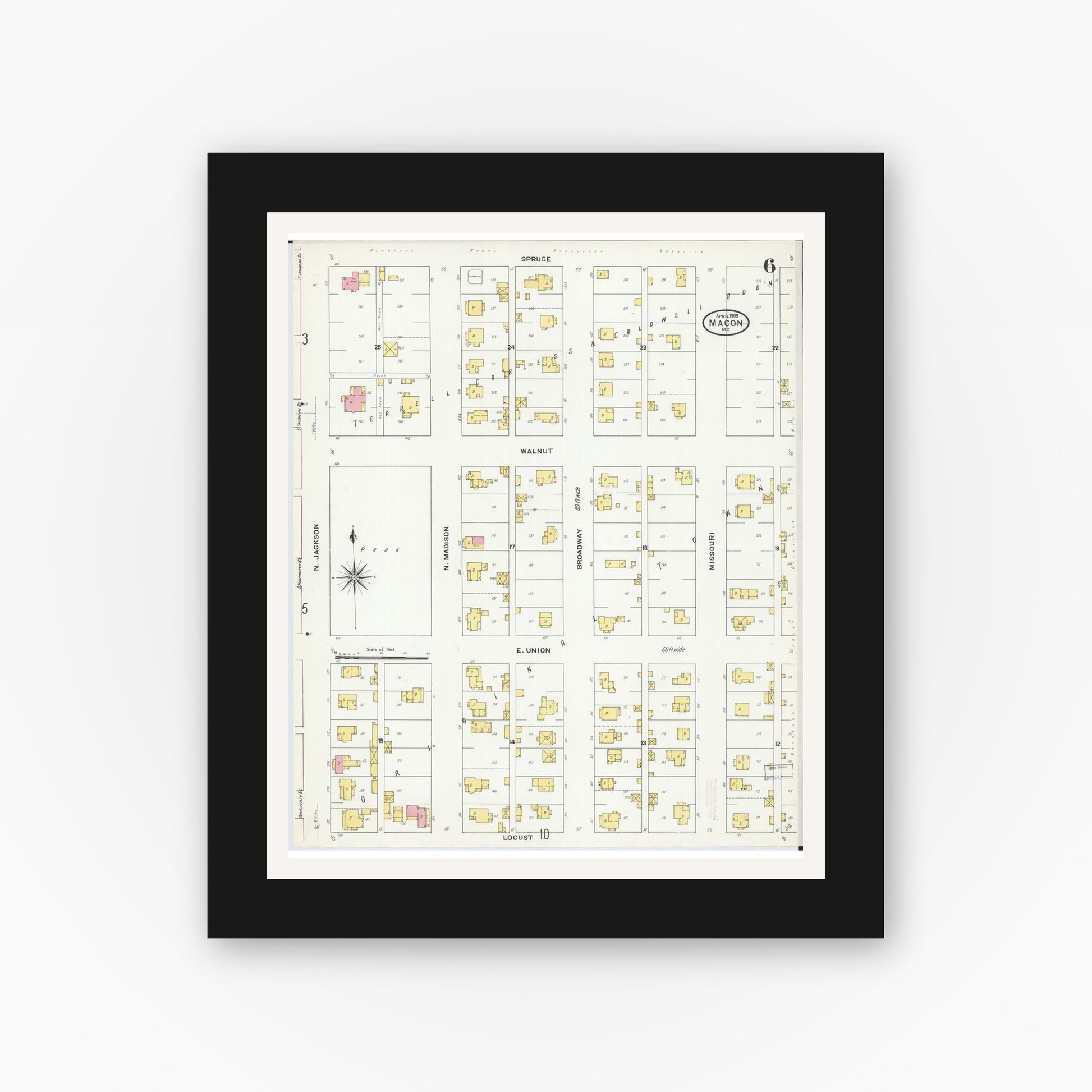 Old map wall art mockup — black gallery frame with white mat — Sanborn Fire Insurance Map from Macon, Macon County, Missouri (1909), Sheet #0006