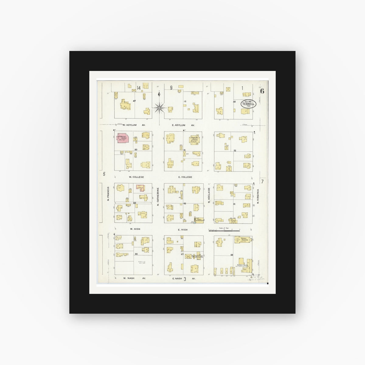 Old map wall art mockup — black gallery frame with white mat — Sanborn Fire Insurance Map from Terrell, Kaufman County, Texas (1909), Sheet #0006