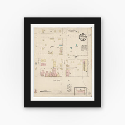 Old map wall art mockup — black gallery frame with white mat — Sanborn Fire Insurance Map from Colton, San Bernardino County, California (1885), Sheet #0001