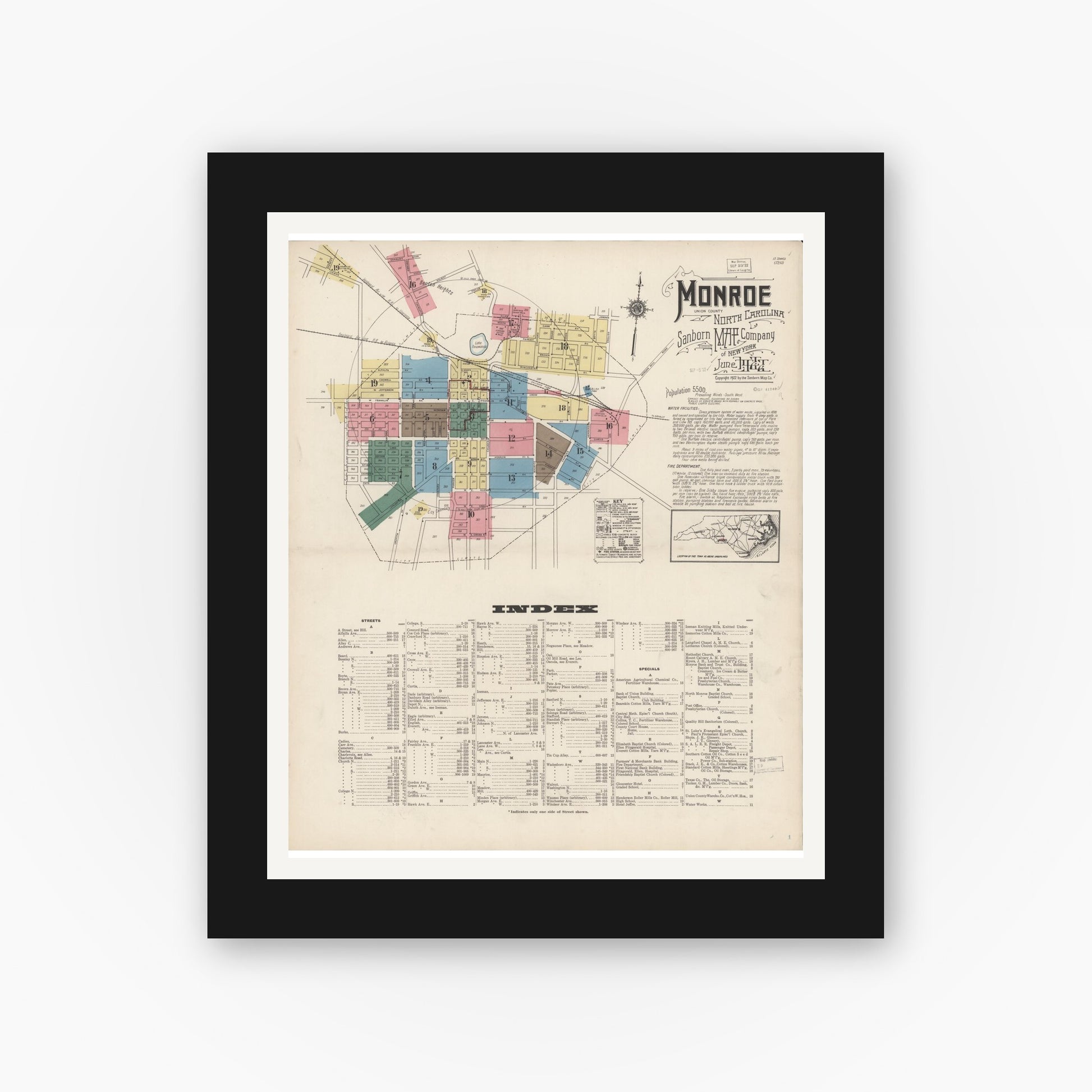 Old map wall art mockup — black gallery frame with white mat — Sanborn Fire Insurance Map from Monroe, Union County, North Carolina (1922), Sheet #0001