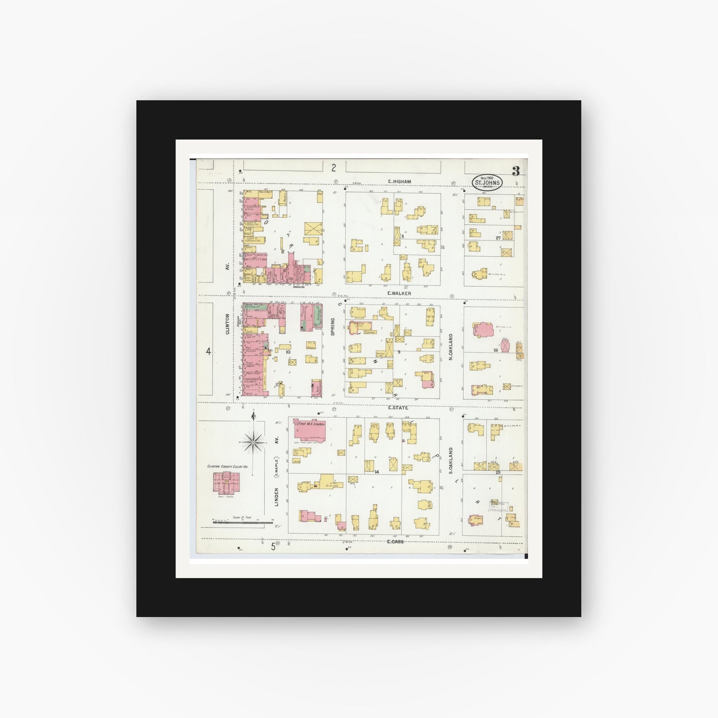 Old map wall art mockup — black gallery frame with white mat — Sanborn Fire Insurance Map from Saint Johns, Clinton County, Michigan (1900), Sheet #0003