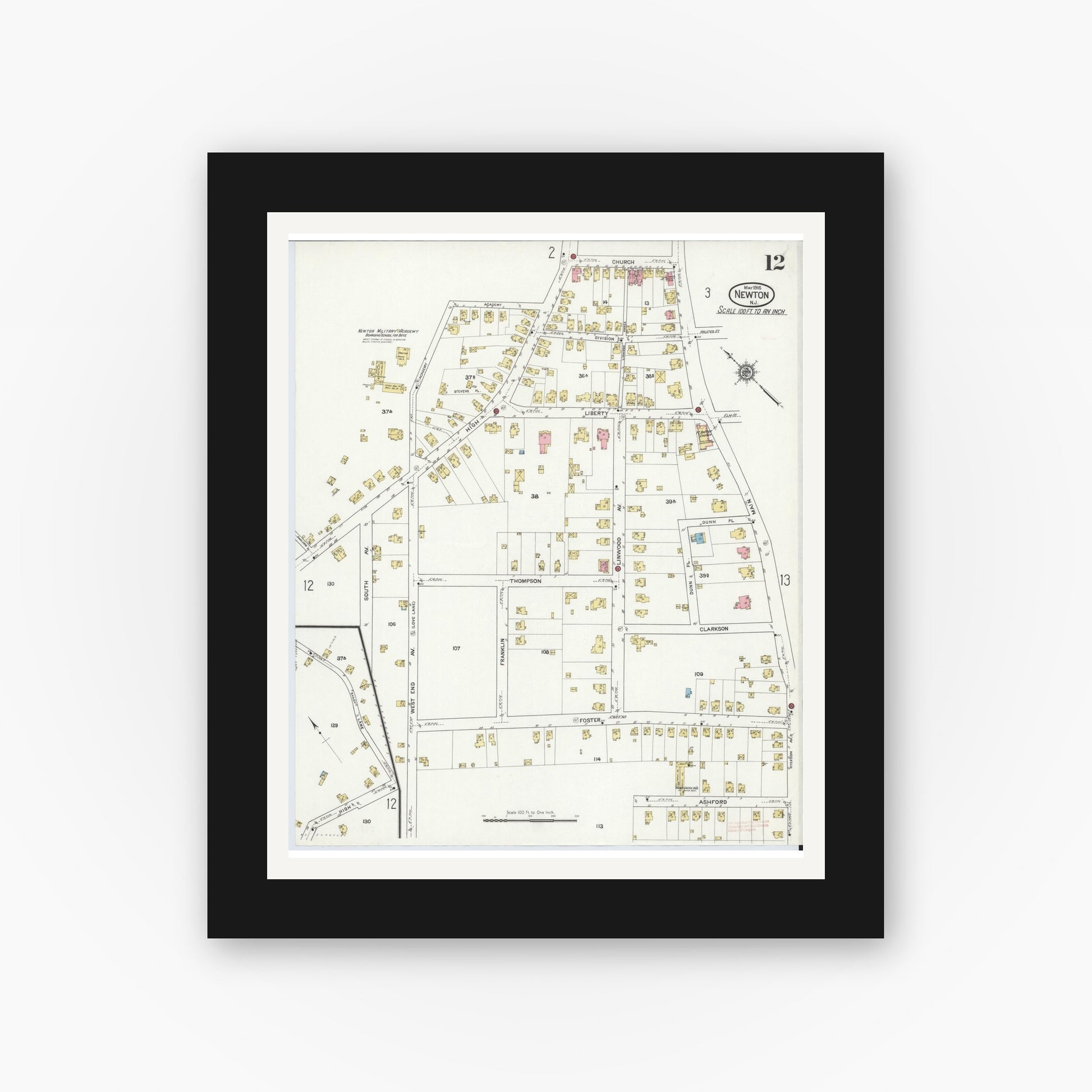Old map wall art mockup — black gallery frame with white mat — Sanborn Fire Insurance Map from Newton, Sussex County, New Jersey (1916), Sheet #0012