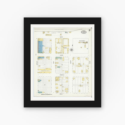 Old map wall art mockup — black gallery frame with white mat — Sanborn Fire Insurance Map from Quanah, Hardeman County, Texas (1904), Sheet #0003