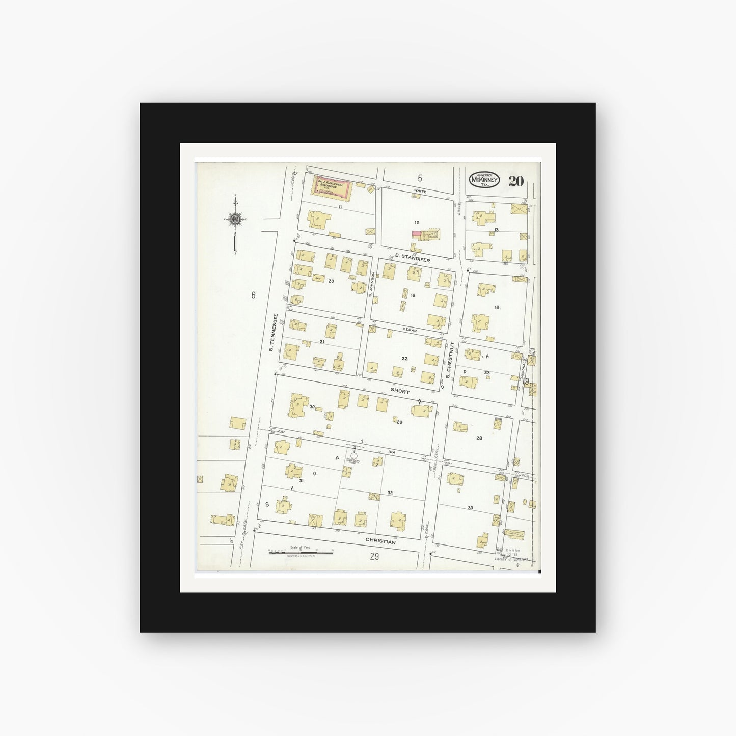 Old map wall art mockup — black gallery frame with white mat — Sanborn Fire Insurance Map from McKinney, Collin County, Texas (1920), Sheet #0020