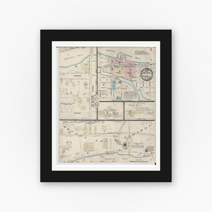 Old map wall art mockup — black gallery frame with white mat — Sanborn Fire Insurance Map from Traverse City, Grand Traverse County, Michigan (1884), Sheet #0001