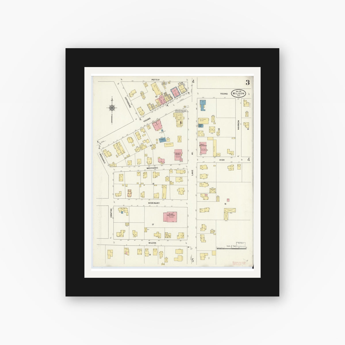 Old map wall art mockup — black gallery frame with white mat — Sanborn Fire Insurance Map from Wilson, Niagara County, New York (1911), Sheet #0003
