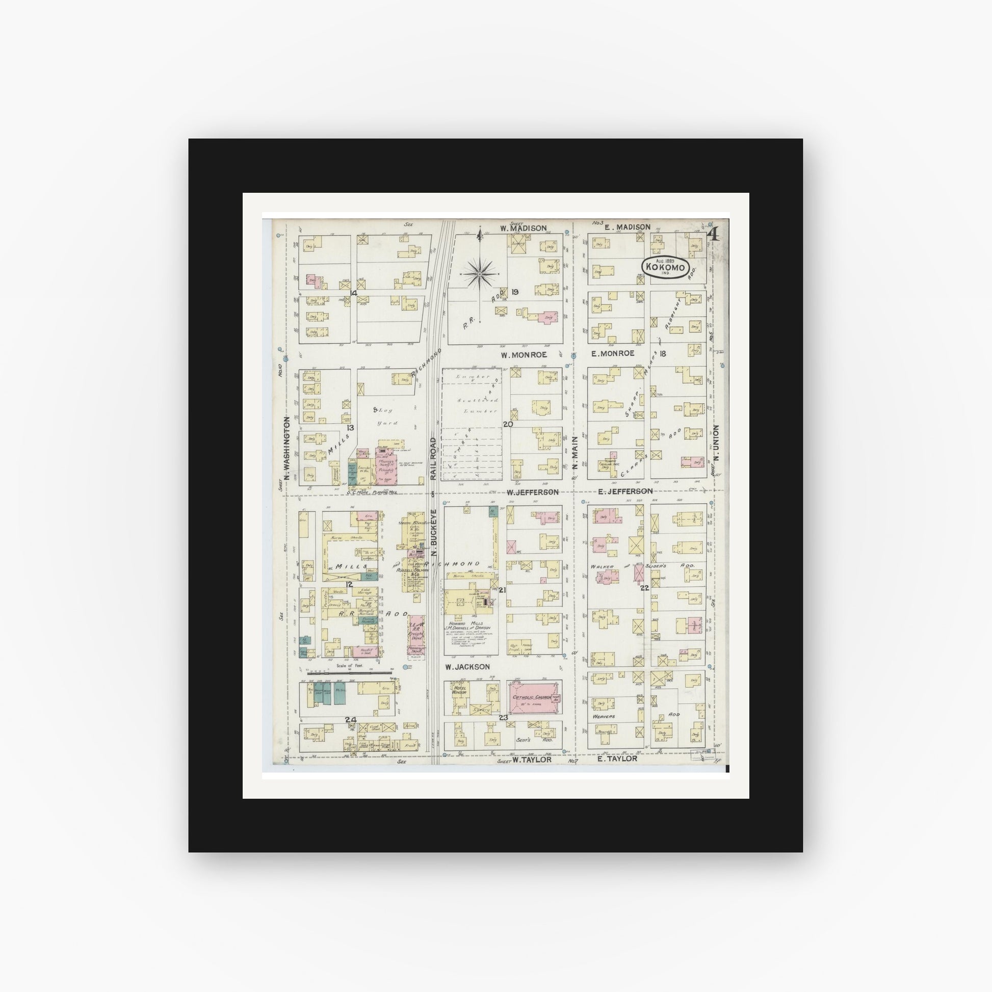 Old map wall art mockup — black gallery frame with white mat — Sanborn Fire Insurance Map from Kokomo, Howard County, Indiana (1889), Sheet #0004