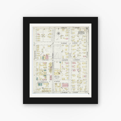 Old map wall art mockup — black gallery frame with white mat — Sanborn Fire Insurance Map from Kokomo, Howard County, Indiana (1889), Sheet #0004