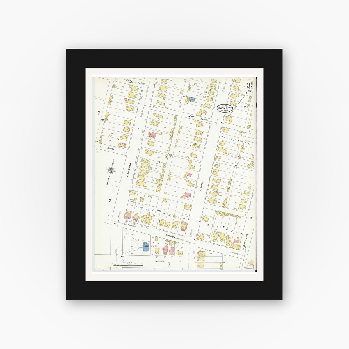 Old map wall art mockup — black gallery frame with white mat — Sanborn Fire Insurance Map from Union City, Randolph County, Indiana (1911), Sheet #0003