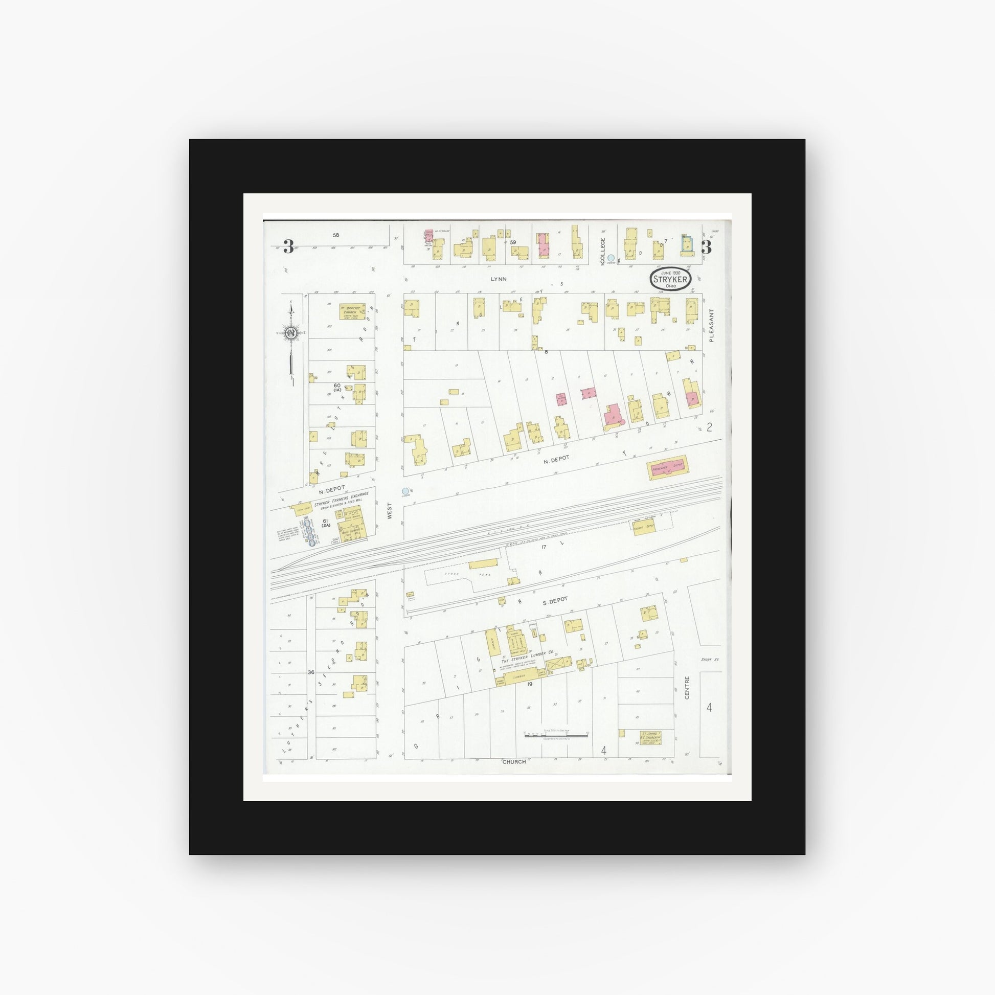 Old map wall art mockup — black gallery frame with white mat — Sanborn Fire Insurance Map from Stryker, Williams County, Ohio (1930), Sheet #0003