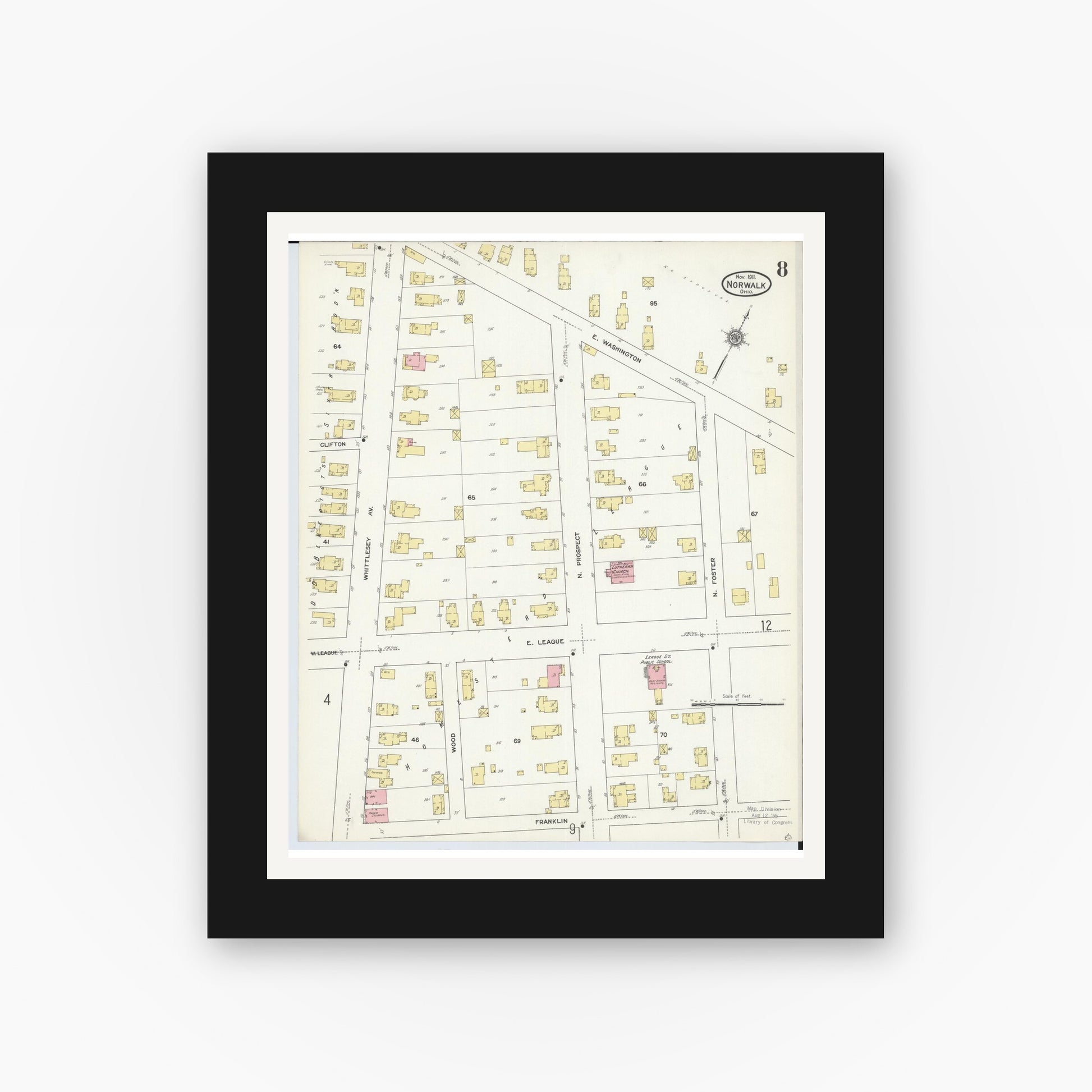 Old map wall art mockup — black gallery frame with white mat — Sanborn Fire Insurance Map from Norwalk, Huron County, Ohio (1911), Sheet #0008