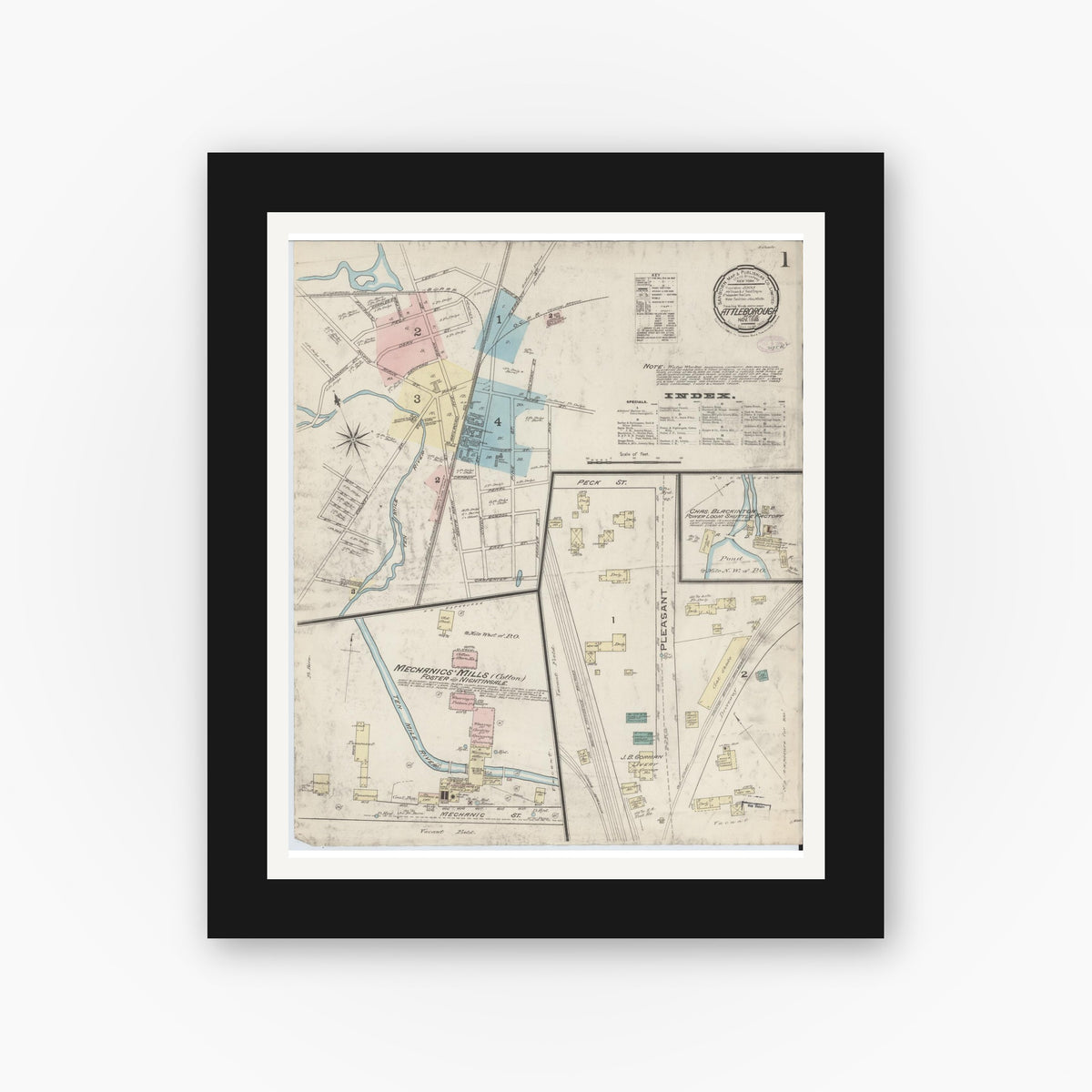 Old map wall art mockup — black gallery frame with white mat — Sanborn Fire Insurance Map from Attleboro, Bristol County, Massachusetts (1885) - Complete Map Set