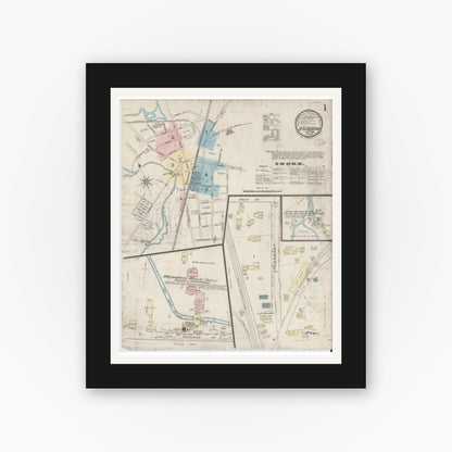 Old map wall art mockup — black gallery frame with white mat — Sanborn Fire Insurance Map from Attleboro, Bristol County, Massachusetts (1885) - Complete Map Set
