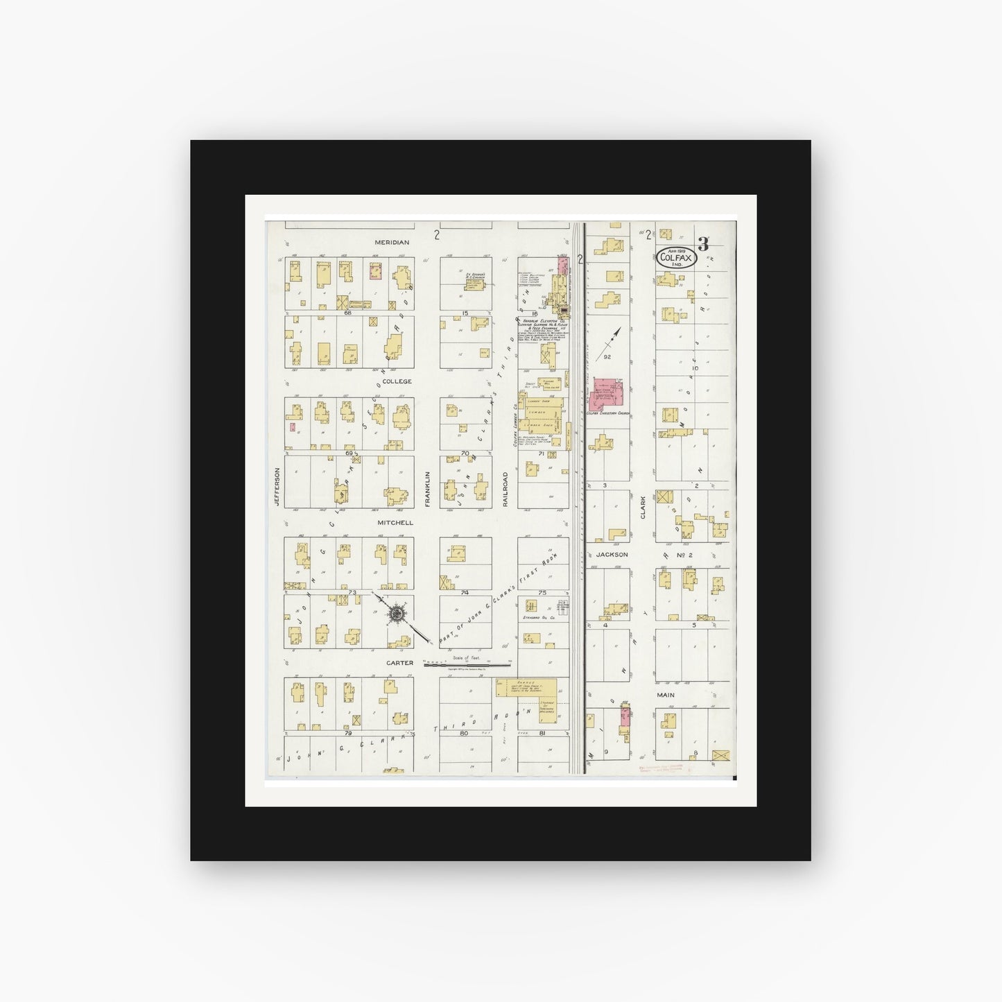 Old map wall art mockup — black gallery frame with white mat — Sanborn Fire Insurance Map from Colfax, Clinton County, Indiana (1919), Sheet #0003