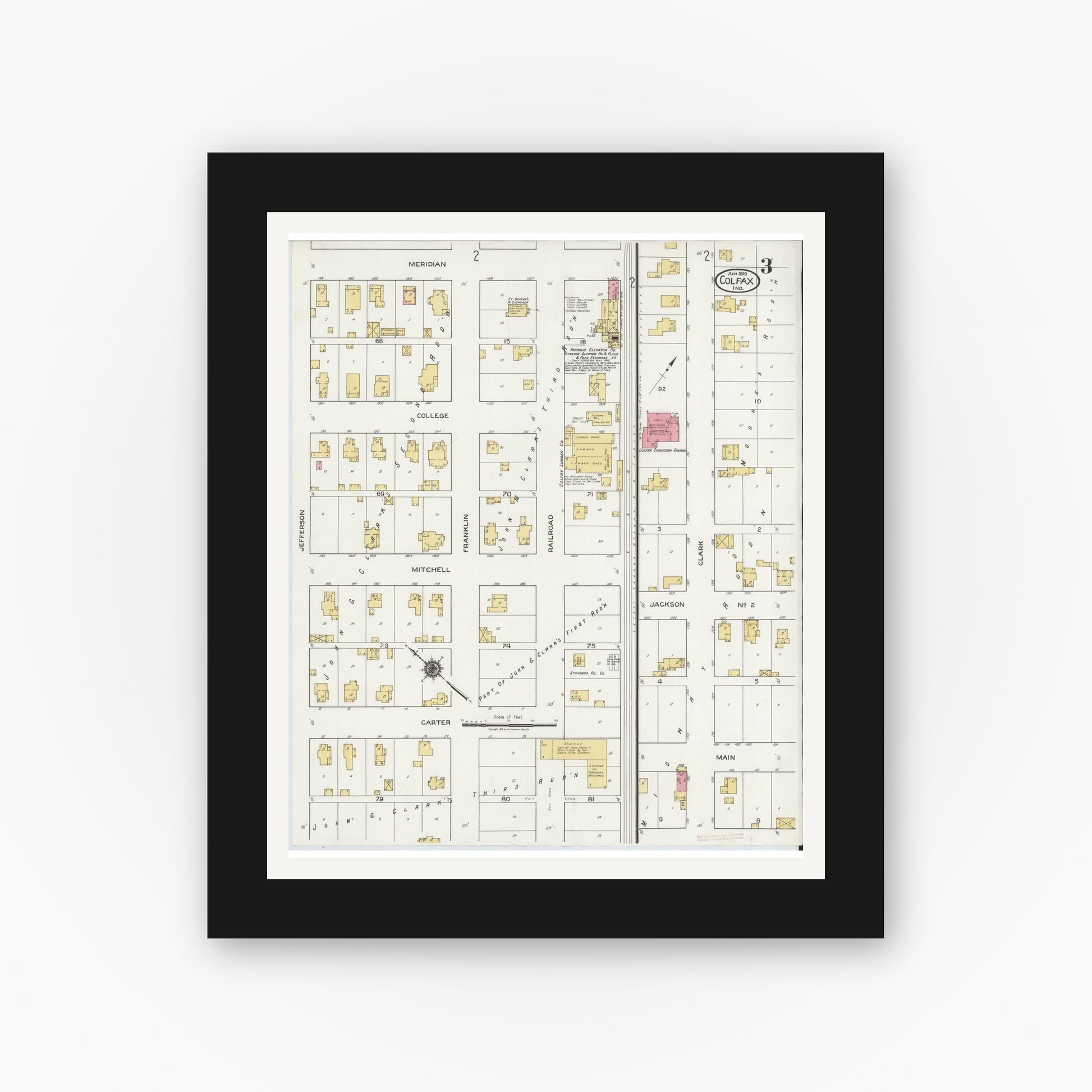 Old map wall art mockup — black gallery frame with white mat — Sanborn Fire Insurance Map from Colfax, Clinton County, Indiana (1919), Sheet #0003