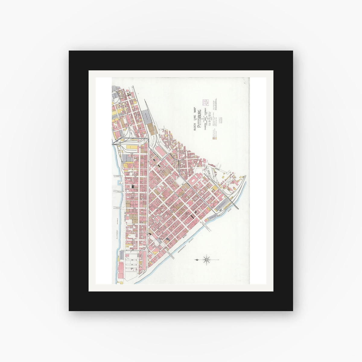Old map wall art mockup — black gallery frame with white mat — Sanborn Fire Insurance Map from Pittsburgh, Allegheny County, Pennsylvania (1904), Sheet #0001