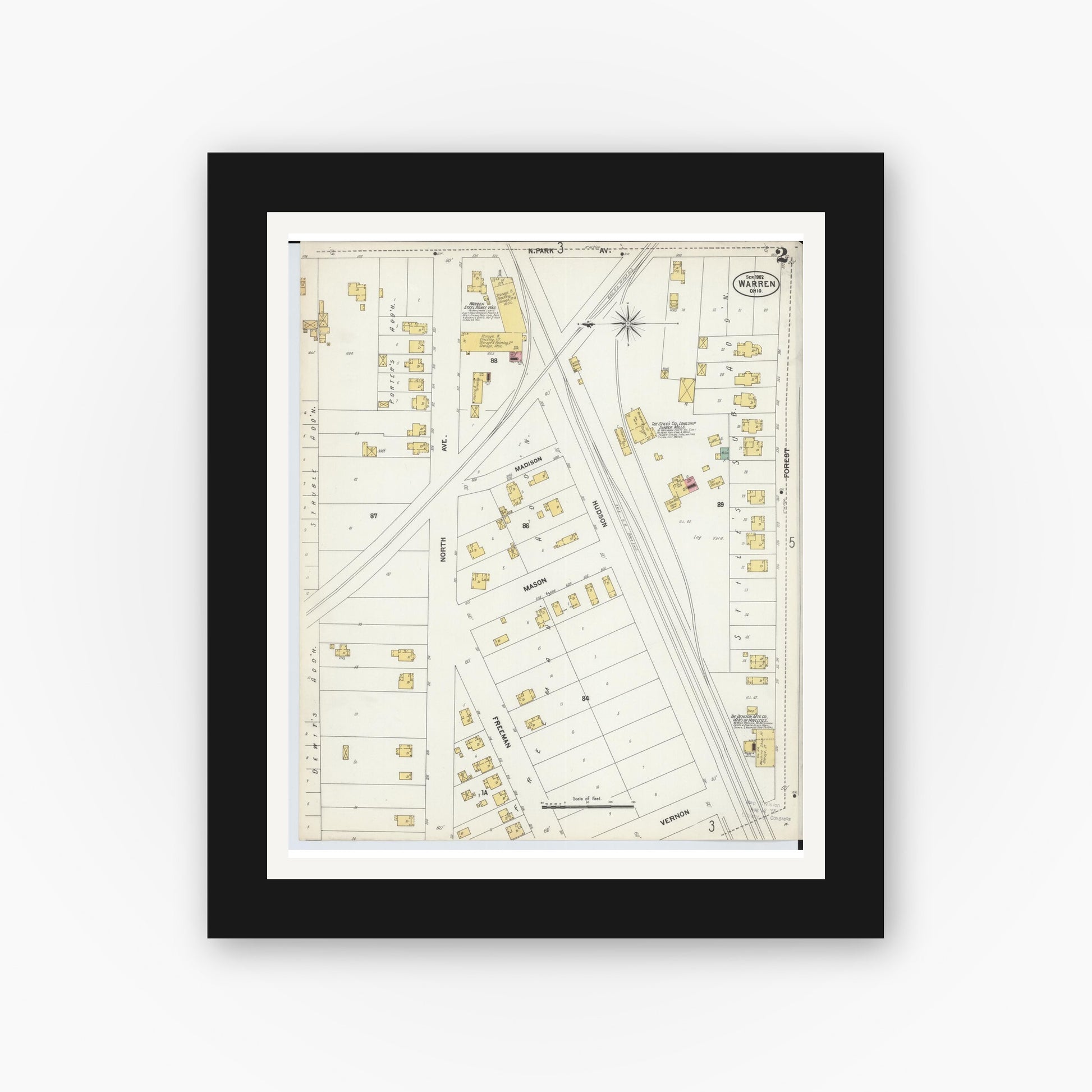 Old map wall art mockup — black gallery frame with white mat — Sanborn Fire Insurance Map from Warren, Trumbull County, Ohio (1902), Sheet #0002