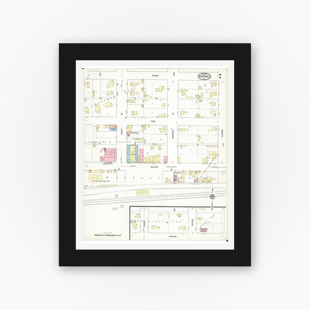 Old map wall art mockup — black gallery frame with white mat — Sanborn Fire Insurance Map from Marengo, Iowa County, Iowa (1911), Sheet #0007