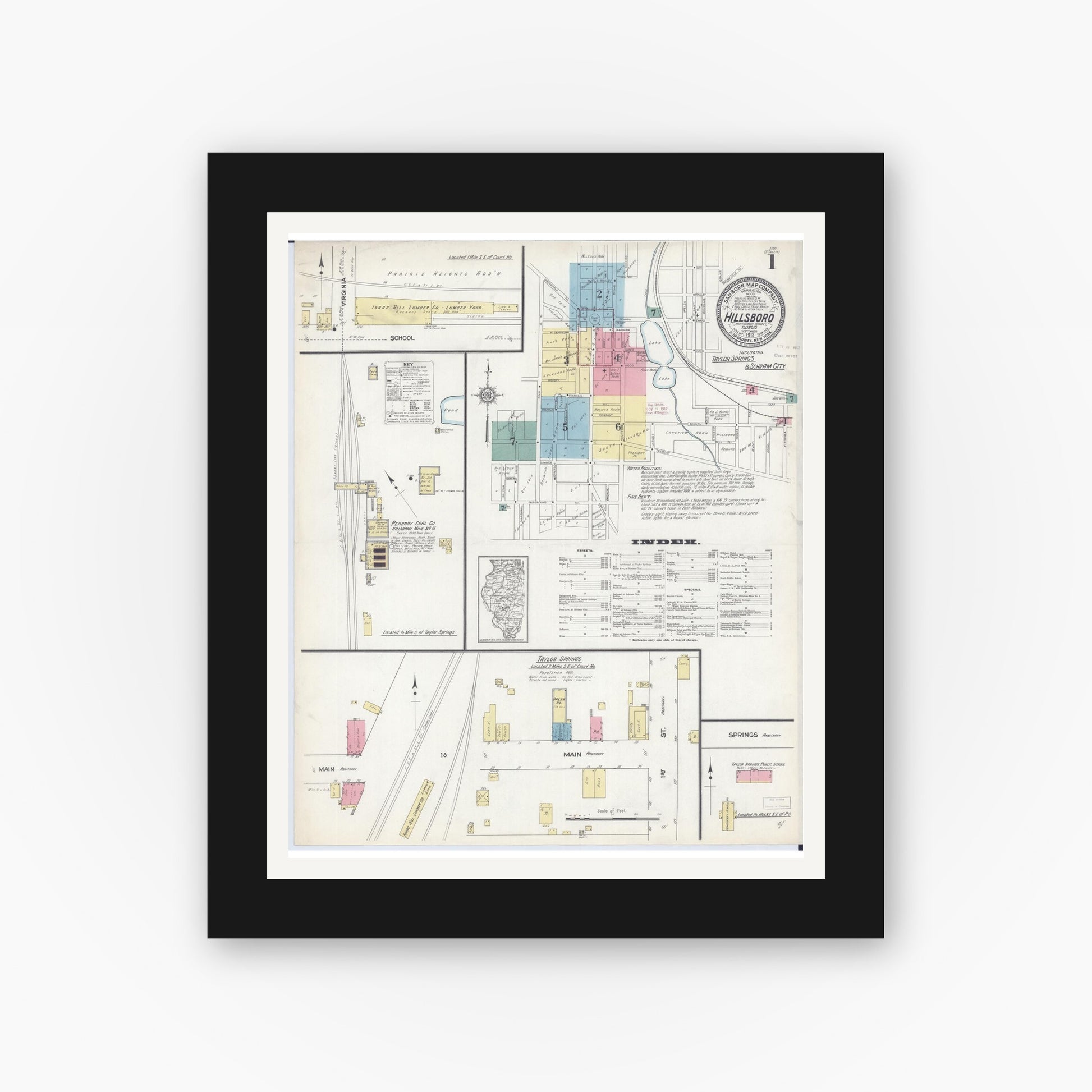 Old map wall art mockup — black gallery frame with white mat — Sanborn Fire Insurance Map from Hillsboro, Montgomery County, Illinois (1912), Sheet #0001