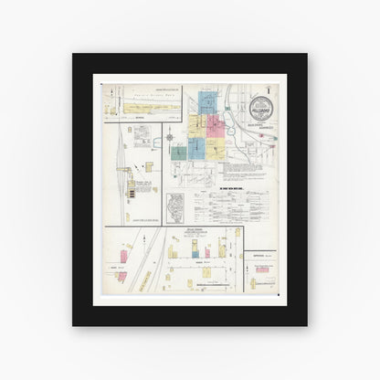 Old map wall art mockup — black gallery frame with white mat — Sanborn Fire Insurance Map from Hillsboro, Montgomery County, Illinois (1912), Sheet #0001