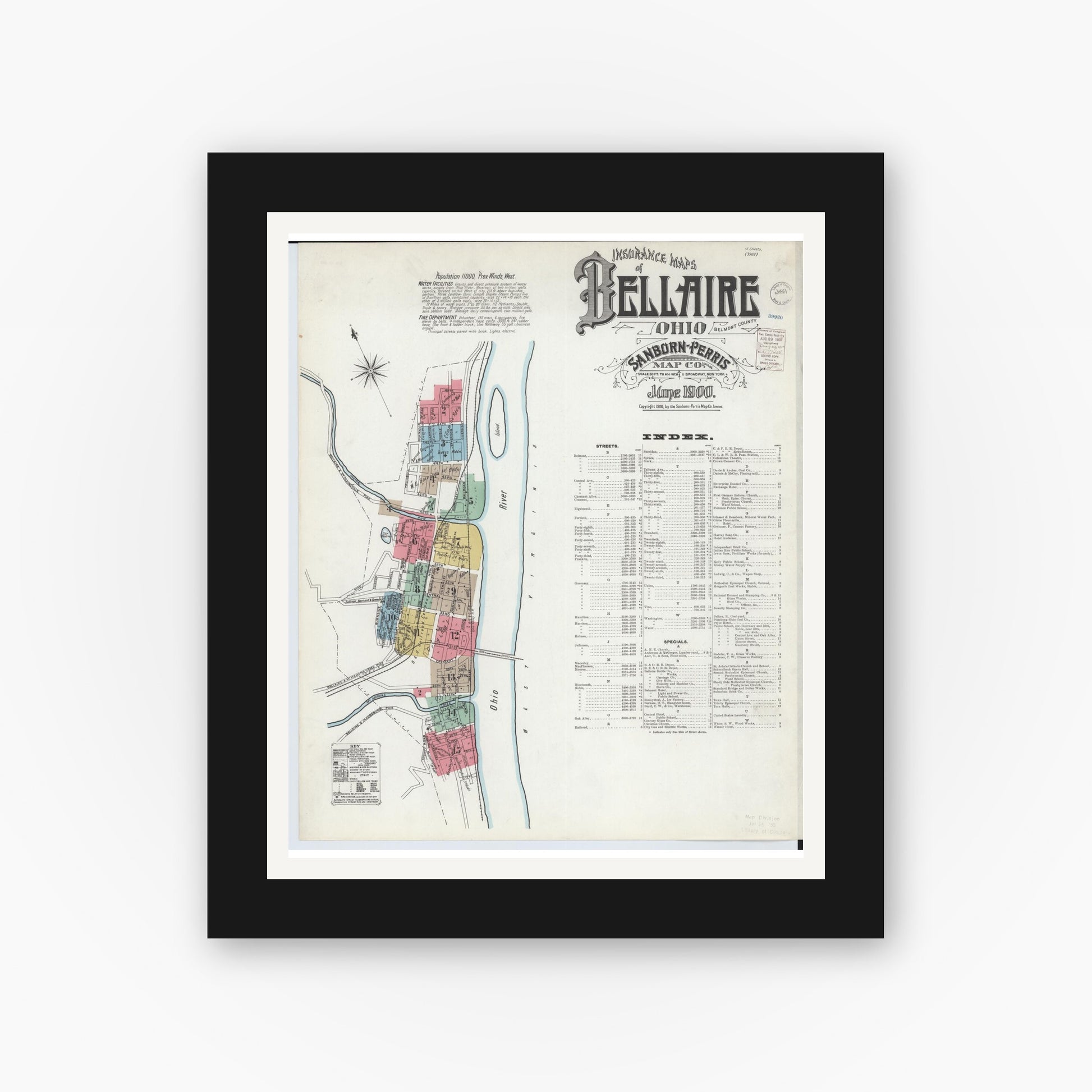 Old map wall art mockup — black gallery frame with white mat — Sanborn Fire Insurance Map from Bellaire, Belmont County, Ohio (1900) - Complete Map Set