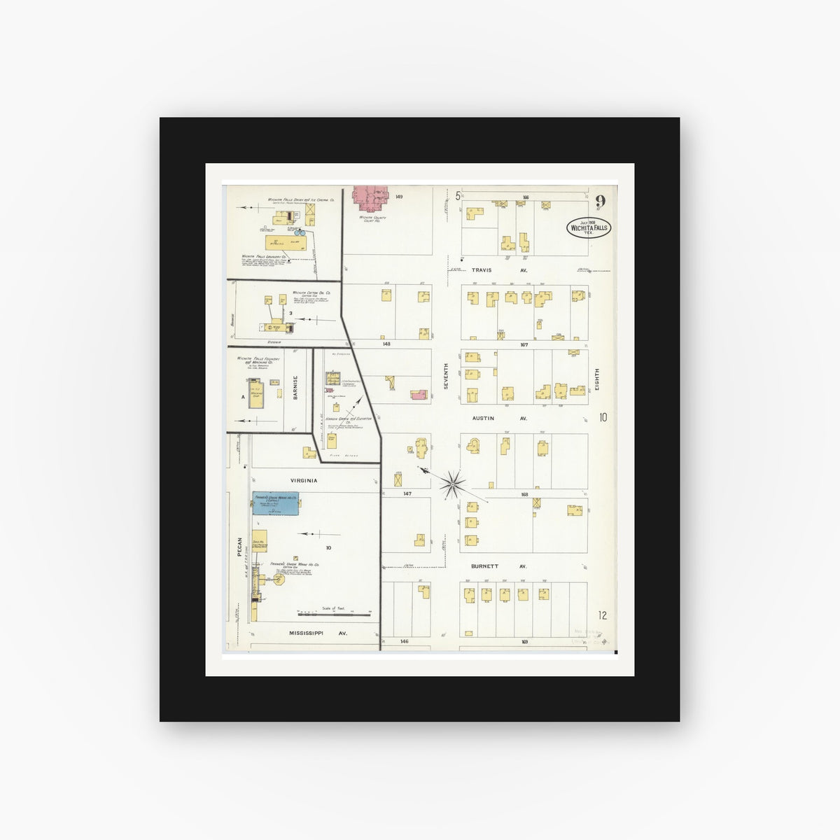Old map wall art mockup — black gallery frame with white mat — Sanborn Fire Insurance Map from Wichita Falls, Wichita County, Texas (1908), Sheet #0009